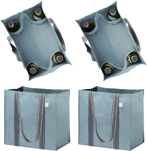 4 Packs Reusable Grocery Shopping Bag w/ bottle holder, Hard bottom, Foldable, Multipurpose