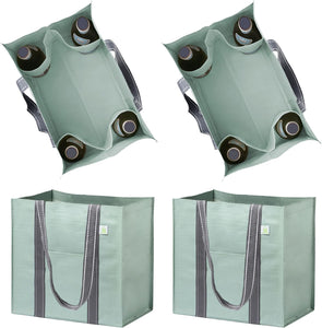 4 Packs Reusable Grocery Shopping Bag w/ bottle holder, Hard bottom, Foldable, Multipurpose