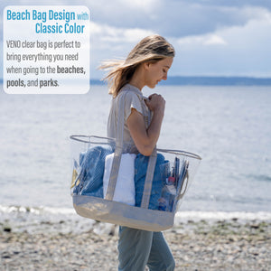 Beach Bag Clear PVC Tote Water Resistant Inside Pocket, Cyan
