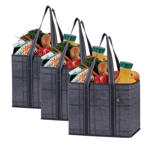 3-Pack Reusable Grocery Shopping Bag, Heavy Duty Tote with Reinforced Bottom - Black/Windowpane - Veno